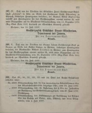 87. Ministerial-Bekanntmachung, betreffend Wechsel in der Hauptagentur der Kölnischen Feuer-Versicherungs-Gesellschaft "Colonia" in Köln
