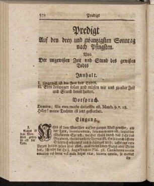 Predigt Auf den drey und zwantzigsten Sonntag nach Pfingsten. Von Der ungewißen Zeit und Stund des gewißen Todts. - Predigt Auf den vier und zwantzigsten und letzten Sonntag nach Pfingsten. Von Zweyen ungewißen Umständen des gewißen Todts.