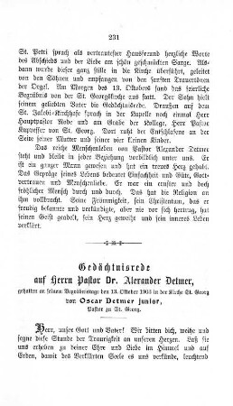 Gedächtnisrede auf Herrn Pastor Dr. Alexander Detmer