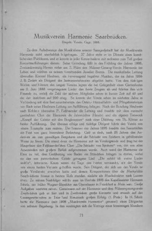 Musikverein Harmonie Saarbrücken. Eingetr. Verein. Gegr. 1888.