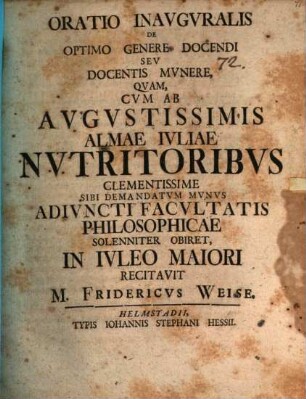 Oratio Inavgvralis De Optimo Genere Docendi Sev Docentis Mvnere