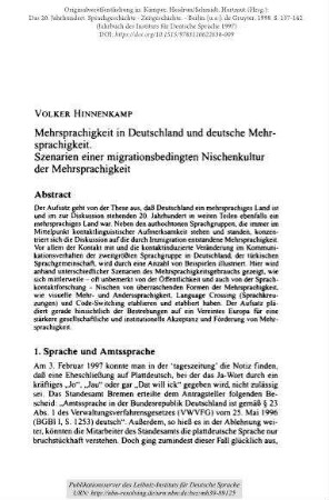 Mehrsprachigkeit in Deutschland und deutsche Mehrsprachigkeit. Szenarien einer migrationsbedingten Nischenkultur der Mehrsprachigkeit