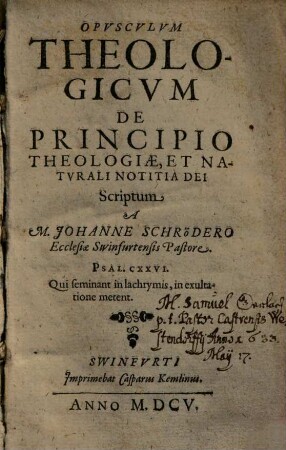 Opusculum theologicum de principio theologiae, et naturali notitia Dei