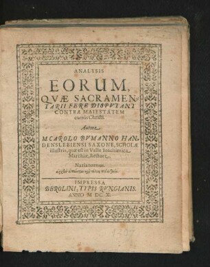 Analysis Eorum, Quae Sacramentarii Fere Disputant Contra Maiestatem carnis Christi