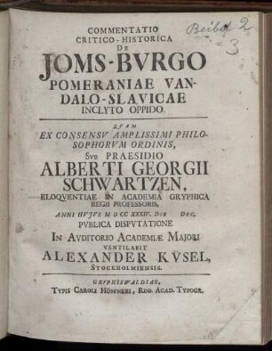 Commentatio Critico-Historica De Joms-Burgo Pomeraniae Vandalo-Slavicae Inclyto Oppido