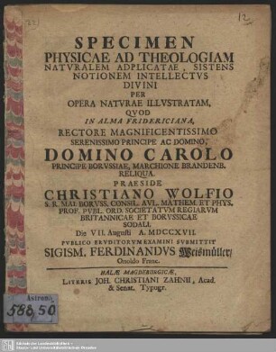 Specimen physicae ad theologiam naturalem adplicatae, sistens notionem intellectus divini per opera naturae illustratam