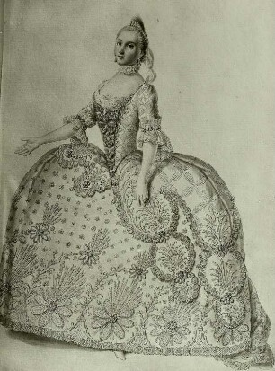 Teresa Albuzzi-Todeschini als Aristea in "L'Olimpiade" von Metastasio und Hasse. Hoftheater Dresden, Uraufführung 16. Februar 1756. Federzeichnung von F. Ponte, Blatt 3 in: Vestiarium der Oper "L'Olimpiade". Dresden: Kupferstich-Kabinett Ca 105