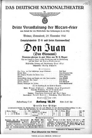 Dritte Veranstaltung der Mozart-Feier [...] Don Juan (Don Giovanni)