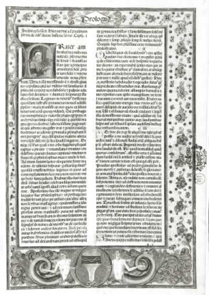 Biblia latina, 1479 (sogenannte Jenson-Bibel) : Biblia latina, 1479 (sogenannte Jenson-Bibel). Druck von N. Jenson, 1479. Textseite und Illustration "Prologus". Buchdruck, Buchmalerei; 18 x 11,5 cm (Blattgröße). Dresden: SLUB Ink.2876.2