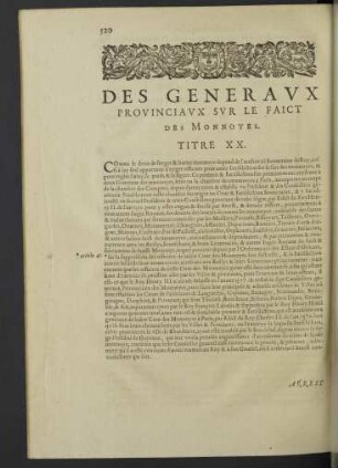 Des generaux provinciaux sur le faict des monnoyes. Titre XX.