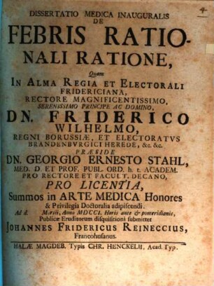 Dissertatio Medica Inauguralis De Febris Rationali Ratione