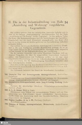 III. Die in der Industrieabteilung von Halle 54 "Ansiedlung und Wohnung" vorgeführten Gegenstände