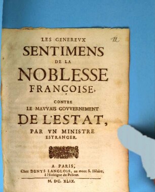 Les généreux sentimens de la noblesse françoise contre le mauvais gouvernement