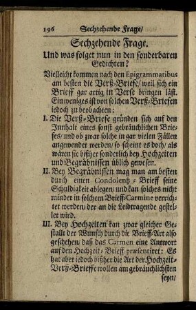 Sechzehende Frage. [Von Poetischen Vers-Briefen] – Siebenzehende Frage. [Von Emblematischen Versen, Gespräch-Gedichten und Rätzeln]
