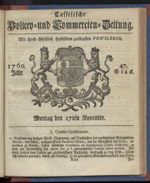 47. Stueck, Montag den 17ten Novembr. 1760