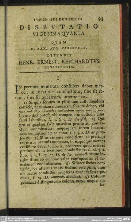 Disputatio Vigesimaquarta Quam D. XXX. Aug. MDCCLX. Defendit Henr. Ernest. Reichardtus Vinariensis