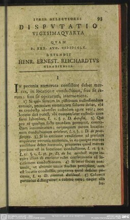 Disputatio Vigesimaquarta Quam D. XXX. Aug. MDCCLX. Defendit Henr. Ernest. Reichardtus Vinariensis