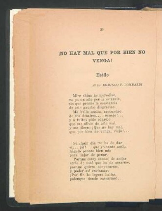 ¡No hay mal que por bien no venga! : Estilo. - Al Dr. Domingo V. Lombardi