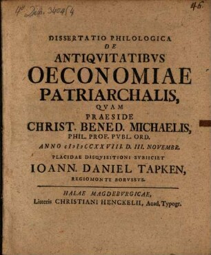 Dissertatio Philologica De Antiqvitatibvs Oeconomiae Patriarchalis