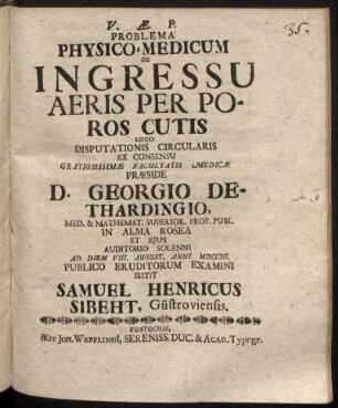 Problema Physico-Medicum De Ingressu Aeris Per Poros Cutis