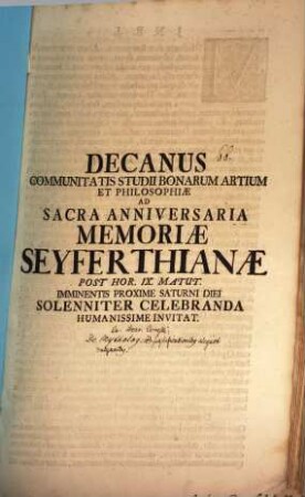 Decanus Communitatis Studii Bonarum Artium et Philosophiae ad sacra anniversaria memoriae Seyferthianae ... invitat : [Programma de significationibus aliquot vulgaribus mythologiae]