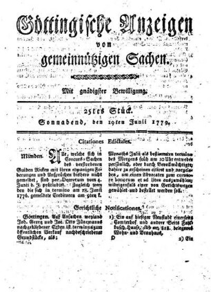 25tes Stück. Sonnabend, den 19ten Junii 1779.