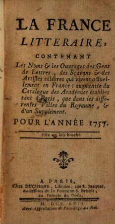 La France littéraire. 1757, 1757