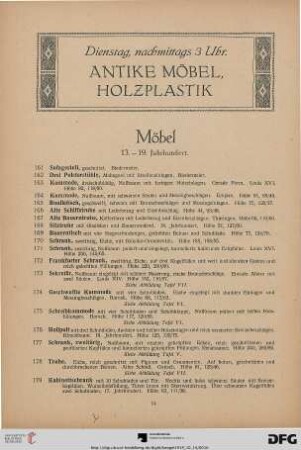 Dienstag, nachmittags 3 Uhr. Antike Möbel, Holzplastik (Nr. 161-310)