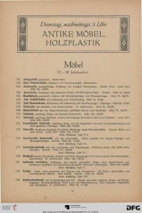Dienstag, nachmittags 3 Uhr. Antike Möbel, Holzplastik (Nr. 161-310)