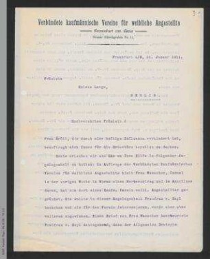 Brief der Verbündeten kaufmännischen Vereine für weibliche Angestellte, Frankfurt am Main an Helene Lange