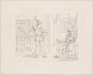 Zu Shakespeares "König Heinrich IV.", Teil 1, Blatt 5, 3. Akt, 3. Szene: Prinz Heinrich in kühner Stellung vor dem thronenden König