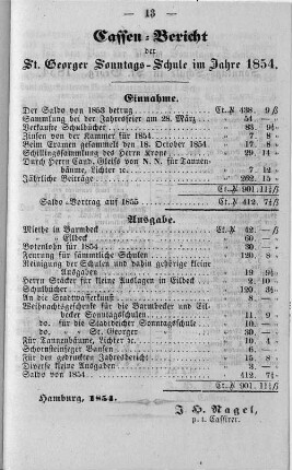 Cassen=Bericht der St. Georger Sonntags-Schule im Jahre 1854.