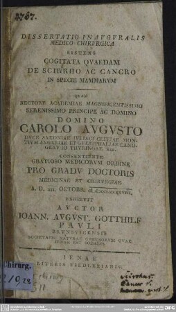 Dissertatio Inauguralis Medico-Chirurgica Sistens Cogitata Quaedam De Scirrho Ac Cancro In Specie Mammarum