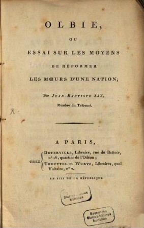 Olbie, ou essai sur les moyens de reformer les moeurs d'une nation