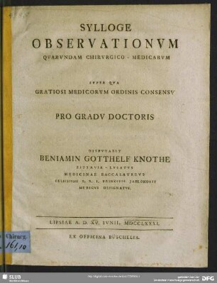 Sylloge Observationum Quarundam Chirurgico-Medicarum