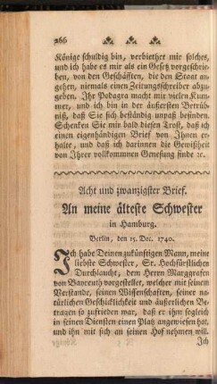 Acht und zwanzigster Brief. An meine älteste Schwester in Hamburg