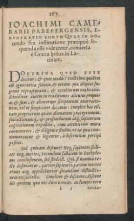 Ioachimi Camerarii Pabepergensis, Enumeratio Eorum Quae In Docendo seu institutione praecipue sequenda esse videantur, conversa e Graeca ipsius in Latinam.
