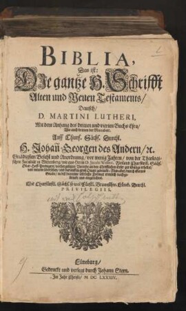 Biblia, Das ist: Die gantze H. Schrifft Alten und Neuen Testaments/ Deutsch/ D. Martini Lutheri : Mit dem Anhang des dritten und vierten Buchs Esra/ Wie auch dritten der Maccabeer