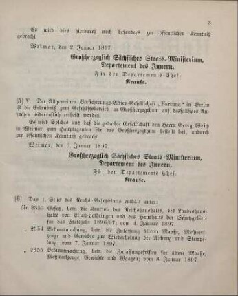 5. Ministerial-Bekanntmachung, betreffend Zulassung der Allgemeinen Versicherungs-Aktien-Gesellschaft "Fortuna" in Berlin zum Geschäftsbetrieb im Großherzogthum