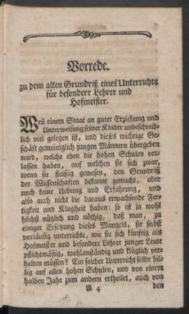 Vorrede. zu dem alten Grundriß eines Unterrichts für besondere Lehrer und Hofmeister