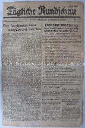 Titelblatt der Tageszeitung der Roten Armee "Tägliche Rundschau" u.a. über die Verbrechen der Nazis im KZ Auschwitz und zur Bildung einer provisorischen Selbstverwaltung für Berlin