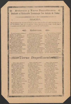 Alabanzas y tierno despedimento dedicado al Esclarecido Taumaturgo San Antonio de Padua