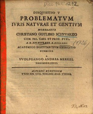 Disqvisitio V Problematvm Ivris Natvrae Et Gentivm