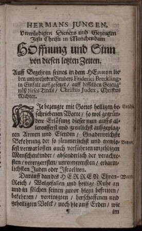 Hermans Jungen, unwürdigen Dieners und Gezeugten Jesu Christi in Monchendam Hoffnung und Sinn von diesen letzten Zeiten.