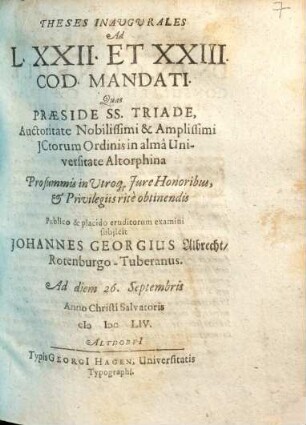 Theses Inaugurales Ad L. XXII. Et XXIII. Cod. Mandati