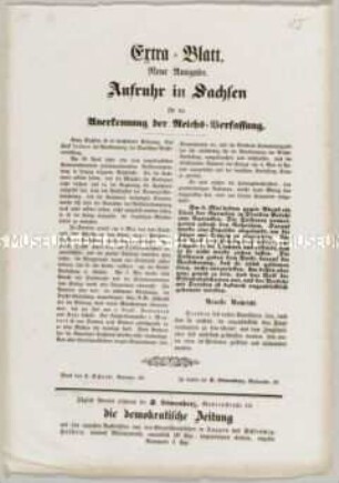 Zeitung: Extra-Blatt. Aufruhr in Sachsen für die Anerkennung der Reichsverfassung; undatiert (Mai 1849)