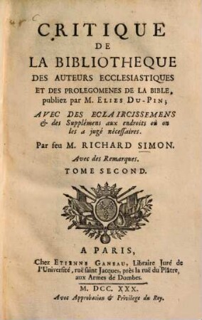 Critique de la bibliothèque des auteurs ecclésiastiques et des prolégomenes de la bible, 2