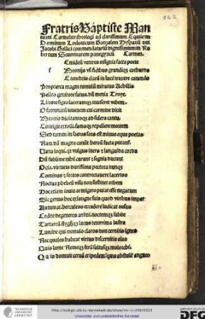Fratris Baptiste Mantuani Carmelite theologi ad clarissimum dominum Lodovicum Gonzalem... carmen.