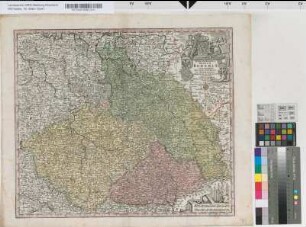 "Mappa Geographica" vom Königreich Böhmen mit angrenzendem Herzogtum Schlesien und den Markgrafschaften Mähren und Lausitz, Territorien: Mappa Geographica Regnum Bohemiae cum adiunctis Ducatu Silesiae et Marchionatibus Moraviae et Lusatiae repraesentans. Cura et sumtibus Matth. Seutteri, S.C.M.G. Aug. / Cum Grat. et Privil. S.R.I. Vicariatus in part. Rheni Svev. et Juris Franconici
