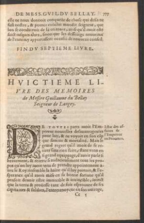 Huictieme Livre Des Memoires de Messire Guillaume du Bellay ...